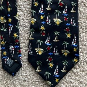 Tango men's tie. 100% silk. Nautical, tropical, sailboats. Black with red & blue